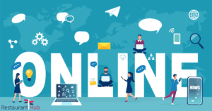 Vector of people communicating online, browsing Internet using mobile gadgets
